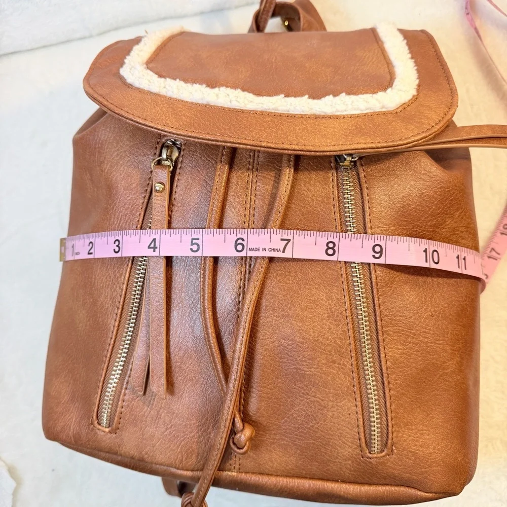 Under One Sky Brown Vegan Leather BOHO‎ Backpack Sherpa Trim Matching Coin Purse